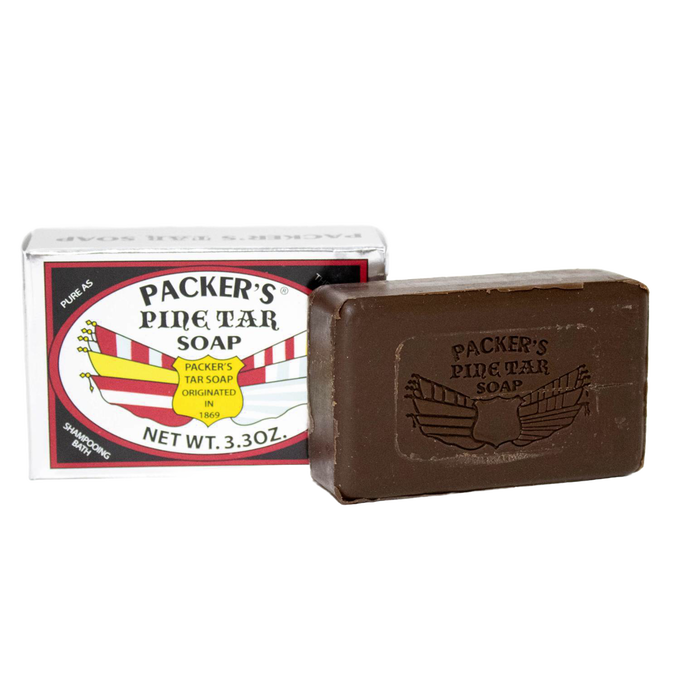 Pack of three handcrafted pine tar soap bars weighing 3.3 oz each, made in USA to soothe dry, itchy skin; featured in Health & Wellness and Grooming collections.