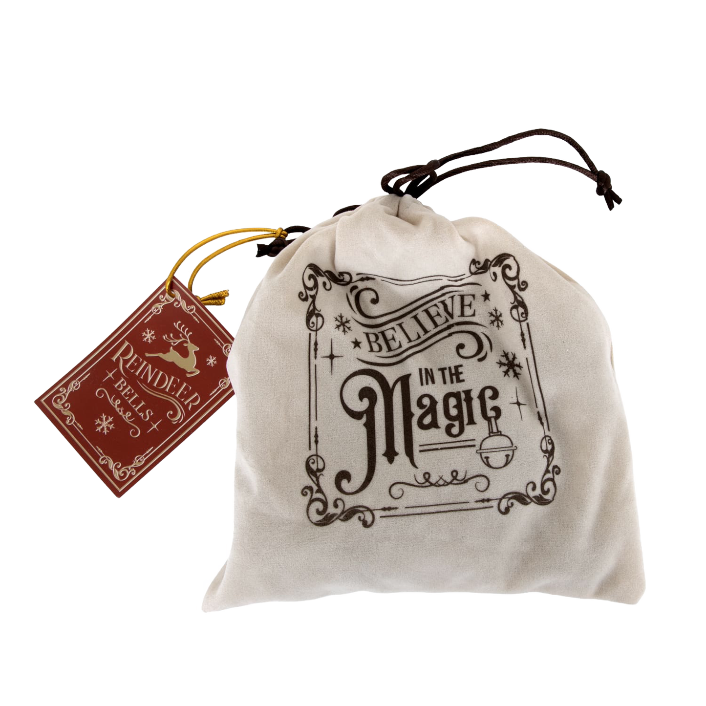 Soft drawstring bag with festive "Believe in the Magic" lettering, containing handcrafted Santa’s reindeer ornament bells, ideal for Home & Decor, Holiday Decor, Best Sellers, and Sale collections.