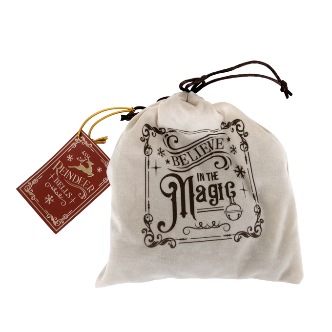 Soft drawstring bag with festive "Believe in the Magic" lettering, containing handcrafted Santa’s reindeer ornament bells, ideal for Home & Decor, Holiday Decor, Best Sellers, and Sale collections.
