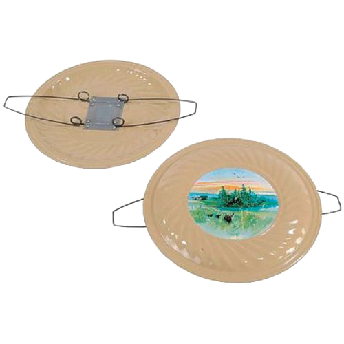 Two beige ceramic firewood holders with metal handles and a circular landscape painting in the center, handcrafted and designed for hearth accessory collections.