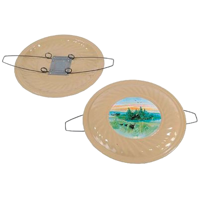 Two beige ceramic firewood holders with metal handles and a circular landscape painting in the center, handcrafted and designed for hearth accessory collections.