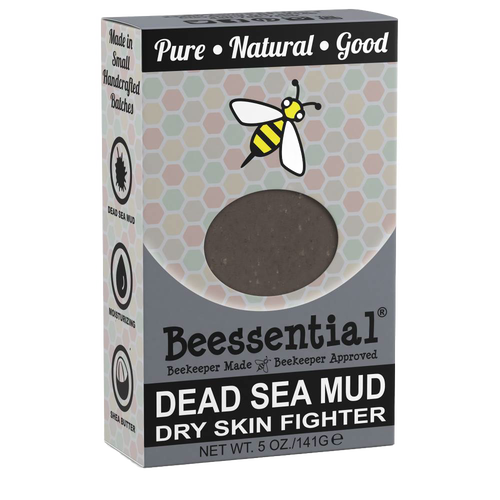 Packaging of a handcrafted Natural Dead Sea Mud soap bar with honeybee design, highlighting moisturizing and rich shea butter, made in small batches in the USA, featured in Health & Wellness, Grooming and Personal Hygiene, Soaps collections.