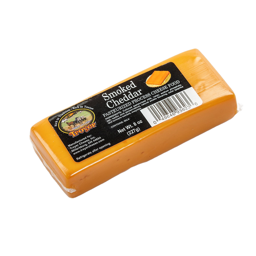 Handcrafted smoked cheddar cheese food in an 8-ounce shelf-stable pack, made in the USA and perfect for Kitchen & Food, Snacks and Sweets, Pantry, USA Made, Best Sellers, and Promo Eligible collections.
