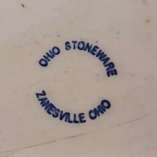 Close-up of a handcrafted stoneware marking stamped with "Ohio Stoneware Zanesville Ohio" on natural stone-colored heavy pet bowl, part of Home & Decor, Pet Supplies, USA Made, and Best Sellers collections.
