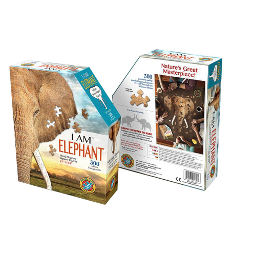 Box for a unique 300-piece elephant head shaped jigsaw puzzle featuring fun elephant facts, part of Toys, Books & Games and Best Sellers collections.