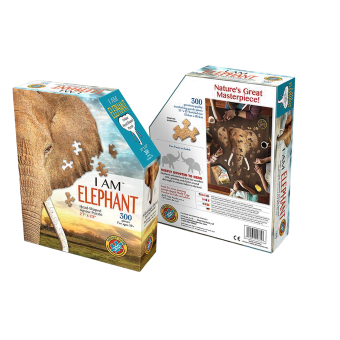Box for a unique 300-piece elephant head shaped jigsaw puzzle featuring fun elephant facts, part of Toys, Books & Games and Best Sellers collections.