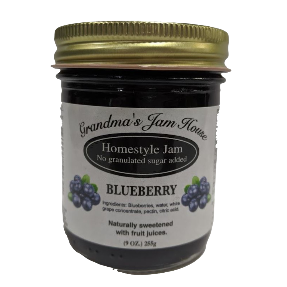 Small glass jar of handcrafted blueberry homestyle jam with no added granulated sugar, naturally sweetened with fruit juices, made in USA, ideal for Kitchen & Food and Best Sellers collections