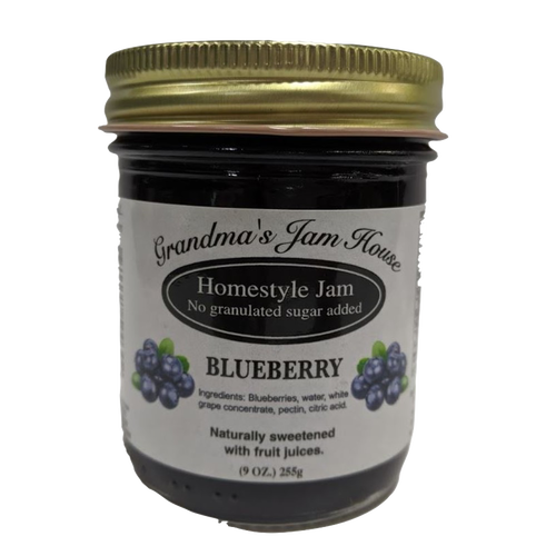 Small glass jar of handcrafted blueberry homestyle jam with no added granulated sugar, naturally sweetened with fruit juices, made in USA, ideal for Kitchen & Food and Best Sellers collections