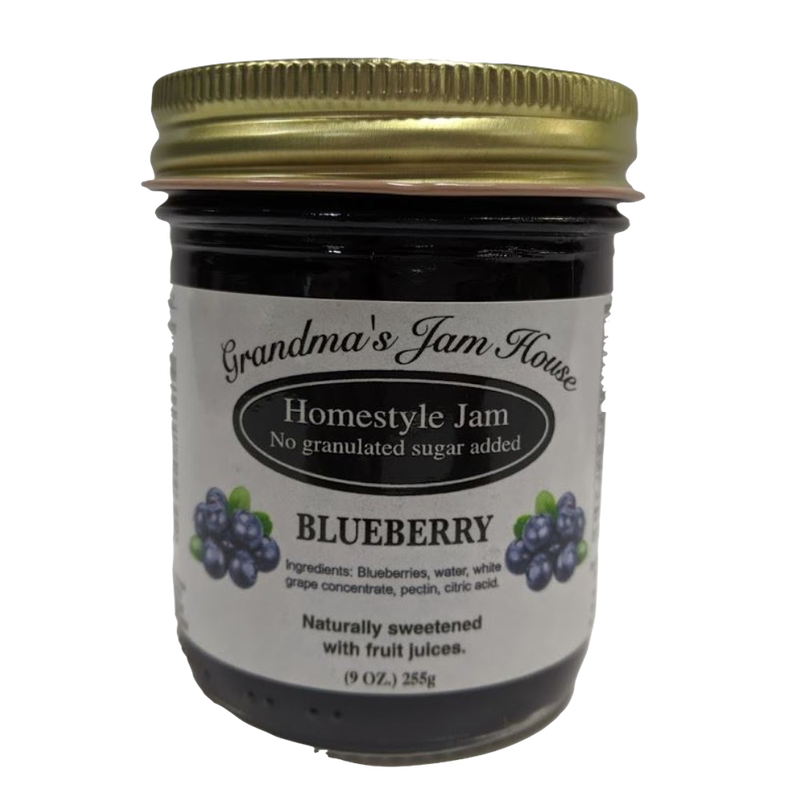 Small glass jar of handcrafted blueberry homestyle jam with no added granulated sugar, naturally sweetened with fruit juices, made in USA, ideal for Kitchen & Food and Best Sellers collections