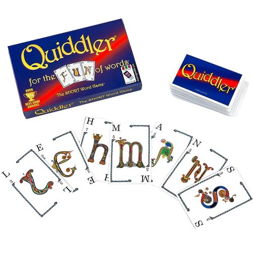 Box and deck of Quiddler word game cards with colorful, illustrated letters laid out in a fan, part of Toys, Books & Games, Children's Toys, and Best Sellers collections.