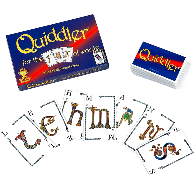 Box and deck of Quiddler word game cards with colorful, illustrated letters laid out in a fan, part of Toys, Books & Games, Children's Toys, and Best Sellers collections.