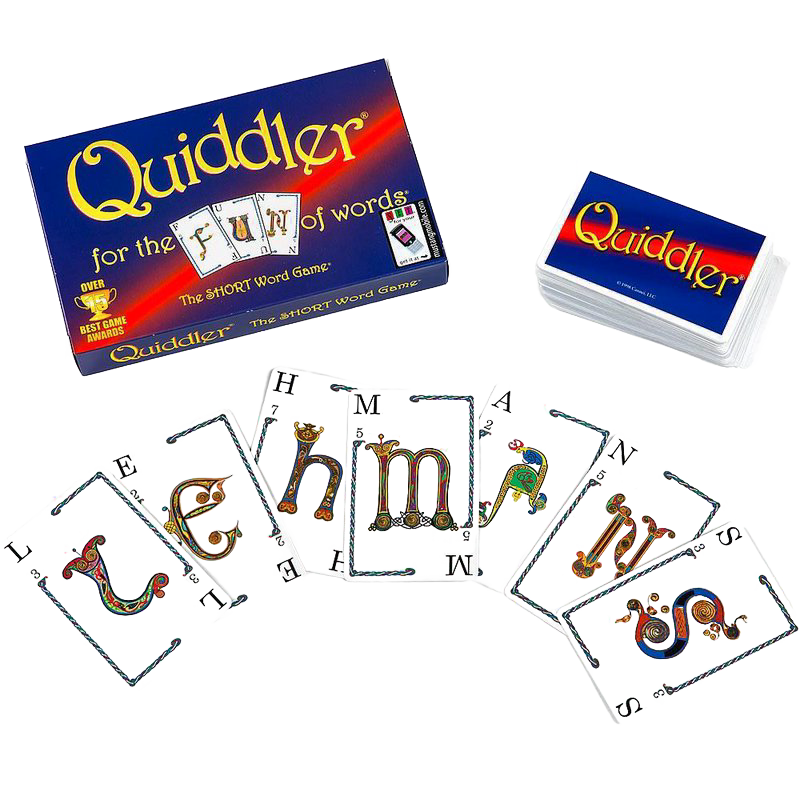 Box and deck of Quiddler word game cards with colorful, illustrated letters laid out in a fan, part of Toys, Books & Games, Children's Toys, and Best Sellers collections.