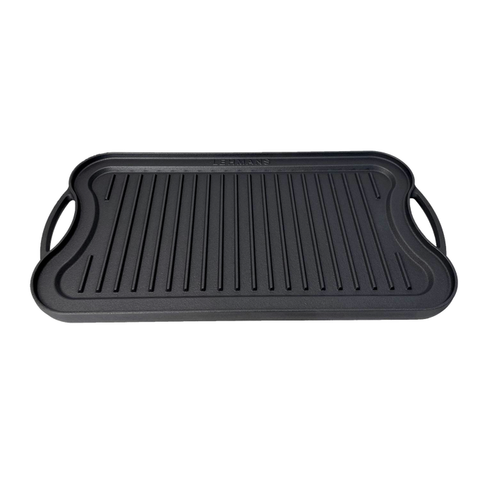 Handcrafted nitrided cast iron griddle with ribbed surface and integrated handles, designed for durable outdoor cooking in Farm, Garden & Tool, Kitchen & Food, Camping, Cookware, Cast Iron, and Best Sellers collections.