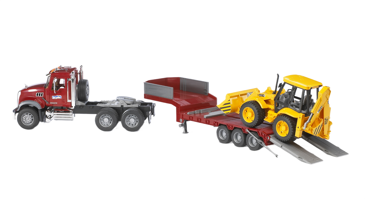 Bruder Toys MACK Granite Truck with Lowboy Trailer & JCB 4CX Backhoe Loader