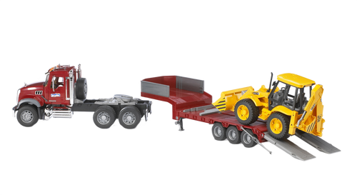 Bruder Toys MACK Granite Truck with Lowboy Trailer & JCB 4CX Backhoe Loader
