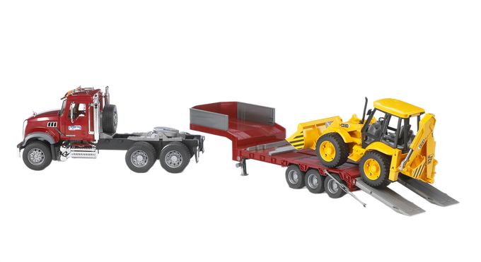 Bruder Toys MACK Granite Truck with Lowboy Trailer & JCB 4CX Backhoe Loader