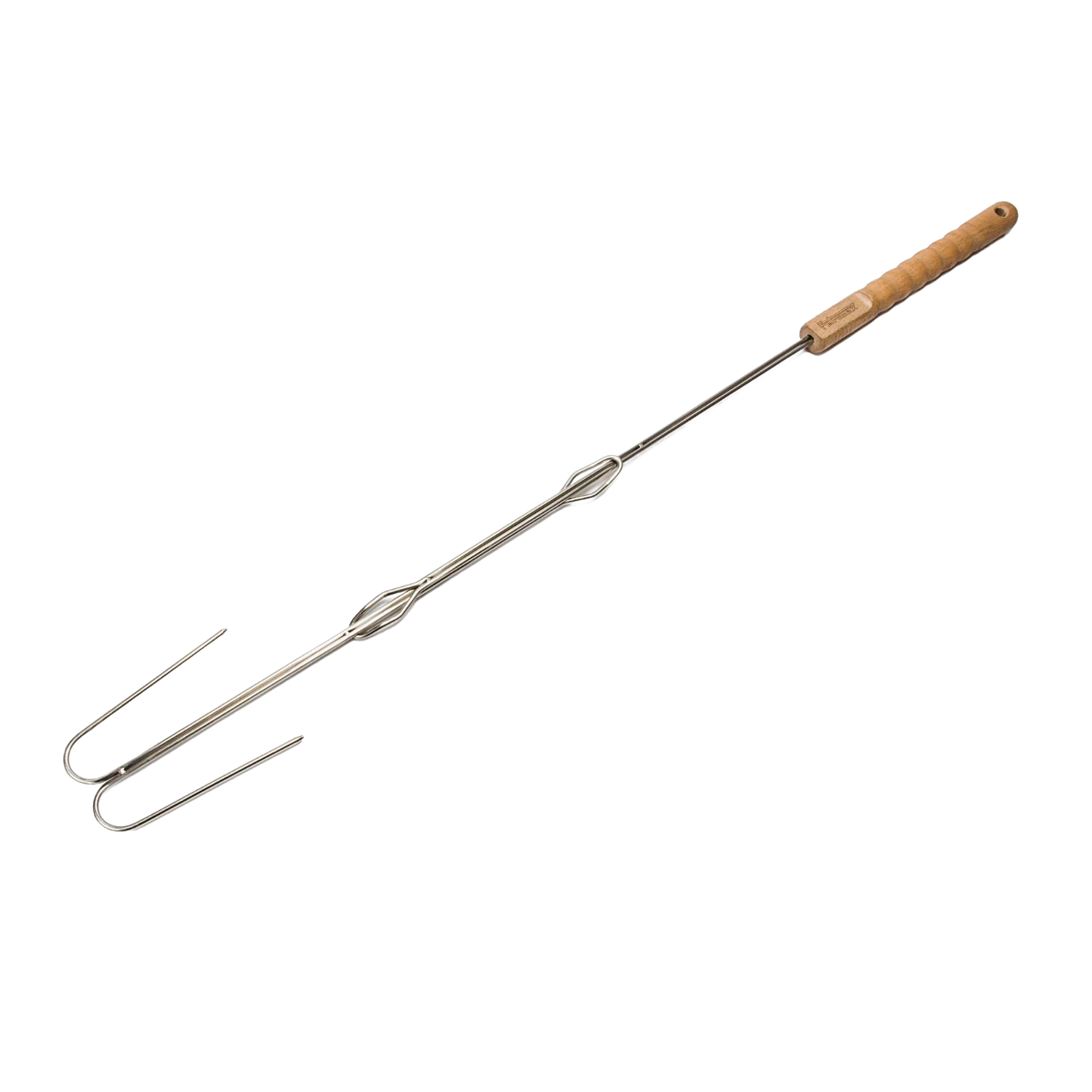 Handcrafted stainless steel skewer with an adjustable length and natural wood handle, designed for safe roasting over campfires in Farm, Garden & Tool, Camping, Best Sellers, and Promo Eligible collections.
