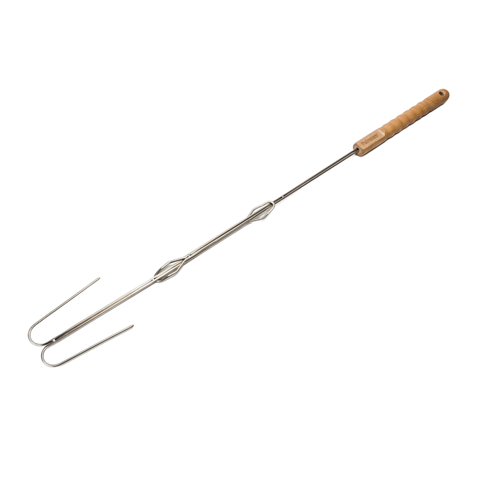 Handcrafted stainless steel skewer with an adjustable length and natural wood handle, designed for safe roasting over campfires in Farm, Garden & Tool, Camping, Best Sellers, and Promo Eligible collections.