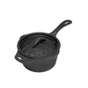 Heavy-duty cast iron saucepan with self-basting lid and two pouring spouts, designed for simmering stews and sauces in camping, farm, garden, and cookware collections.