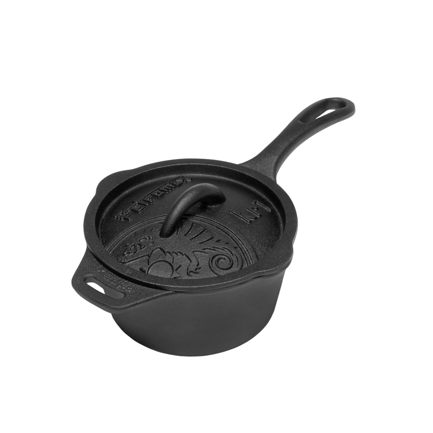 Heavy-duty cast iron saucepan with self-basting lid and two pouring spouts, designed for simmering stews and sauces in camping, farm, garden, and cookware collections.