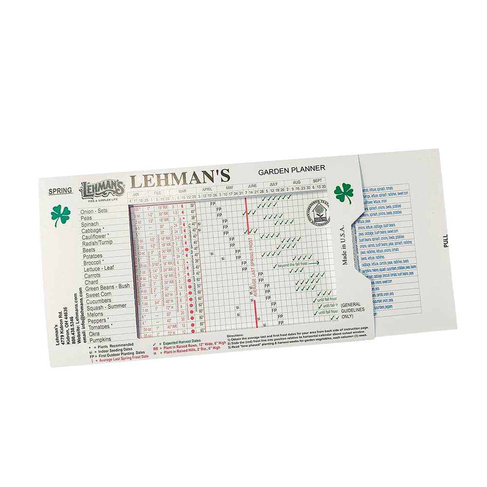 Sliding garden calendar showing planting and harvesting dates for various crops with frost date adjustment, handcrafted in the USA, ideal for farm, garden, and home planning.