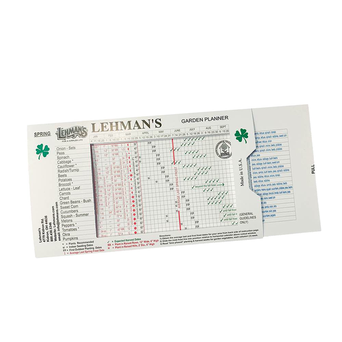 Sliding garden calendar showing planting and harvesting dates for various crops with frost date adjustment, handcrafted in the USA, ideal for farm, garden, and home planning.