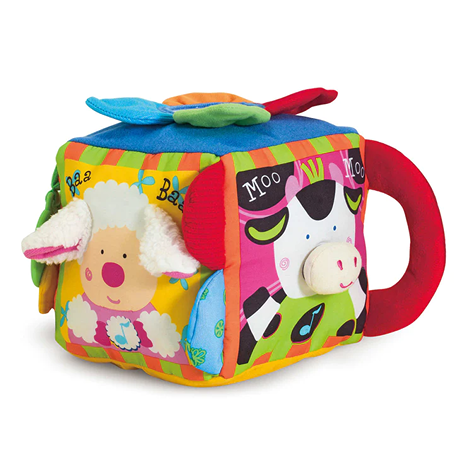 Soft colorful musical farmyard cube toy featuring textured elements, animal sounds, and crinkly petals, designed for indoor play and children's learning collections.