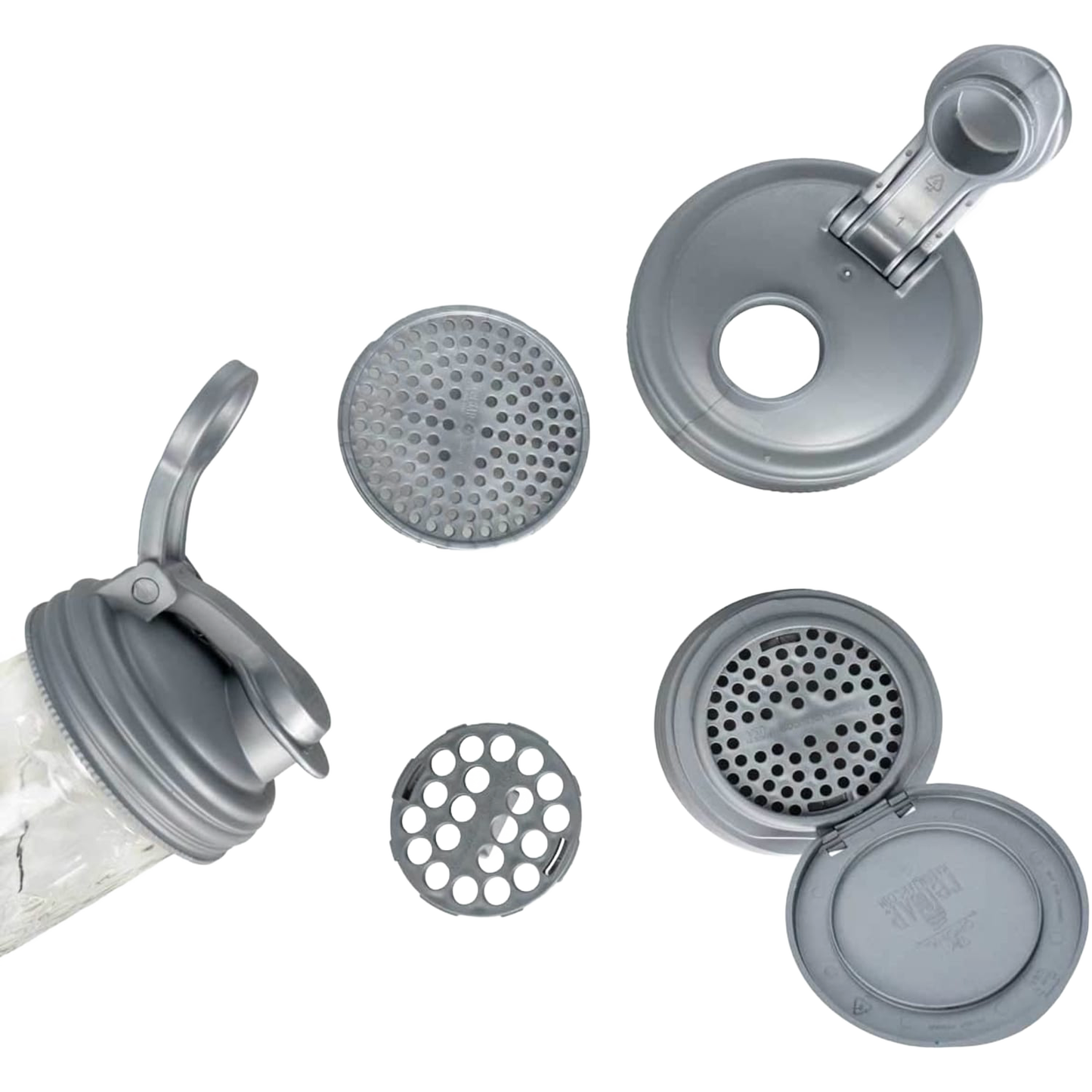 Set of six gray zero waste mason jar lids and inserts with flip and pour tops, designed as eco-friendly household helpers, featured in Home & Decor and Best Sellers collections.