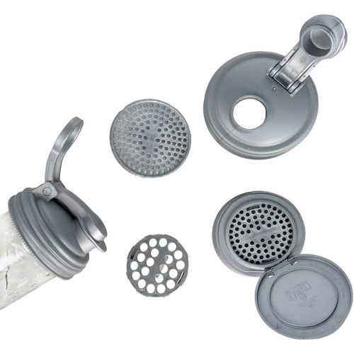 Set of six gray zero waste mason jar lids and inserts with flip and pour tops, designed as eco-friendly household helpers, featured in Home & Decor and Best Sellers collections.