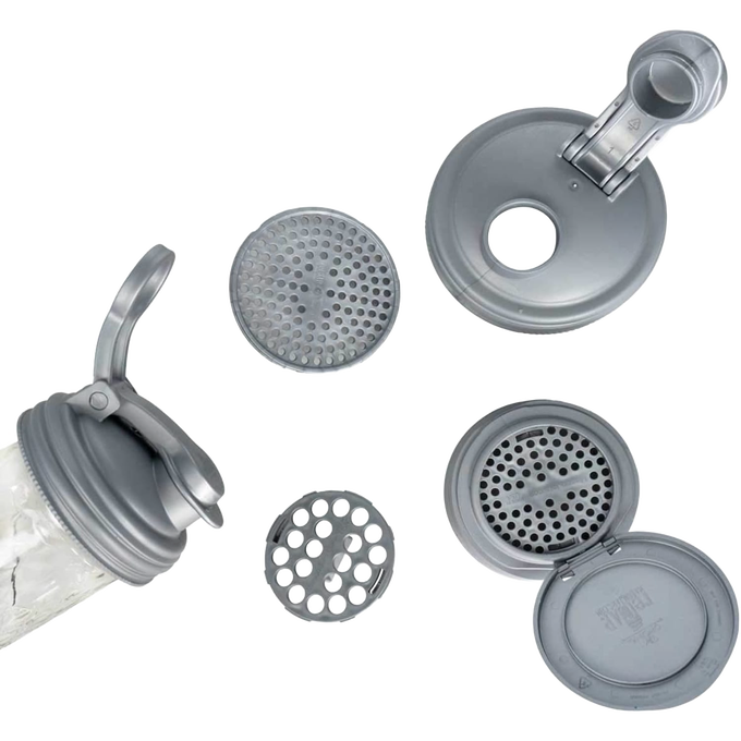 Set of six gray zero waste mason jar lids and inserts with flip and pour tops, designed as eco-friendly household helpers, featured in Home & Decor and Best Sellers collections.