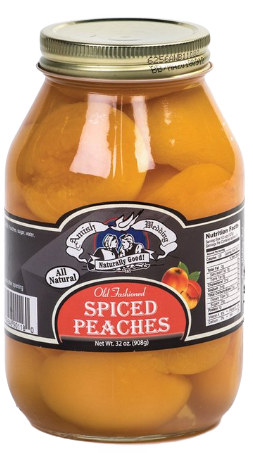 Handcrafted glass jar of old-fashioned spiced peaches packed in natural syrup, made in USA, featured in Kitchen & Food, Food, Pantry, USA Made, Best Sellers, and Promo Eligible collections.