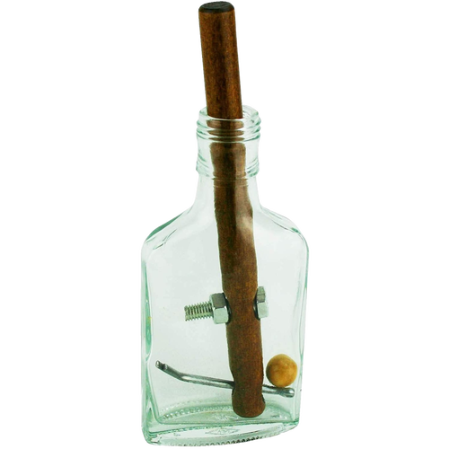 Handcrafted glass bottle puzzle featuring a wooden rod, metal pin, bolt, nut, screw, and wooden ball, designed as a challenging brainteaser in Toys, Games, and Puzzles collections.