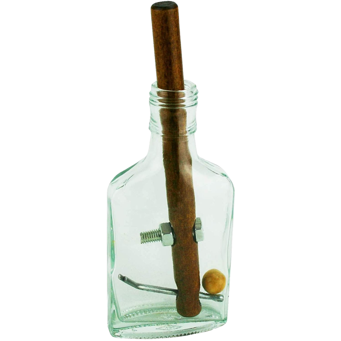 Handcrafted glass bottle puzzle featuring a wooden rod, metal pin, bolt, nut, screw, and wooden ball, designed as a challenging brainteaser in Toys, Games, and Puzzles collections.