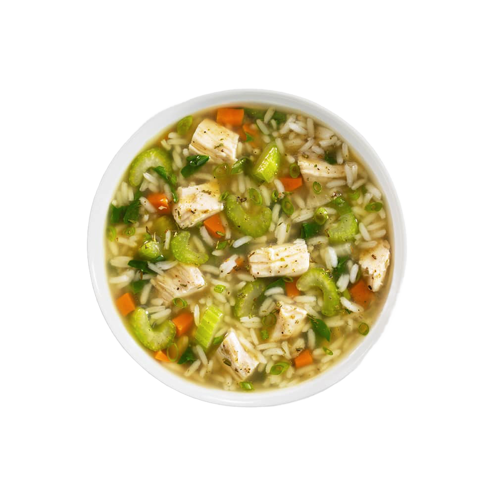 Handcrafted gluten-free soup featuring tender chicken pieces, rice, celery, carrots, and herbs in a clear broth; part of Kitchen & Food, Pantry, Soups, Best Sellers, and Promo Eligible collections.
