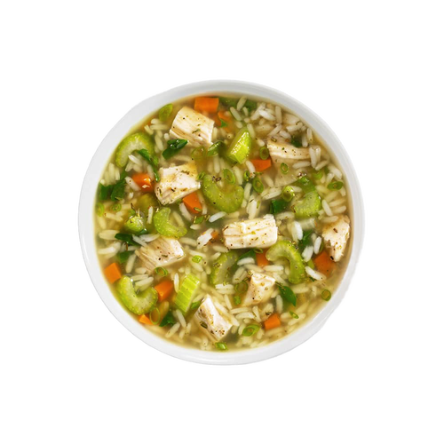 Handcrafted gluten-free soup featuring tender chicken pieces, rice, celery, carrots, and herbs in a clear broth; part of Kitchen & Food, Pantry, Soups, Best Sellers, and Promo Eligible collections.