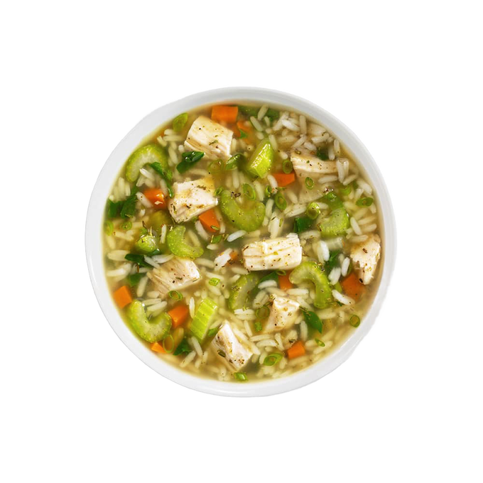 Handcrafted gluten-free soup featuring tender chicken pieces, rice, celery, carrots, and herbs in a clear broth; part of Kitchen & Food, Pantry, Soups, Best Sellers, and Promo Eligible collections.