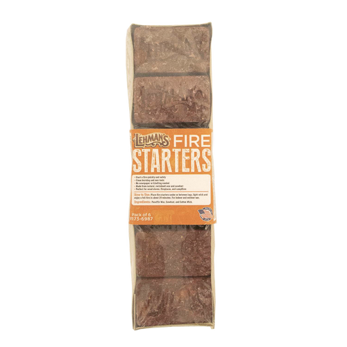 Package of handcrafted Lehman's fire starters made in the USA from natural reclaimed wax and sawdust, designed for easy, non-toxic fire building in wood stoves, campfires, and fireplaces, ideal for Farm, Garden & Tool, Stoves, Camping, and Hearth Accessories collections.