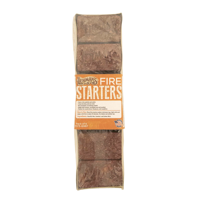 Package of handcrafted Lehman's fire starters made in the USA from natural reclaimed wax and sawdust, designed for easy, non-toxic fire building in wood stoves, campfires, and fireplaces, ideal for Farm, Garden & Tool, Stoves, Camping, and Hearth Accessories collections.