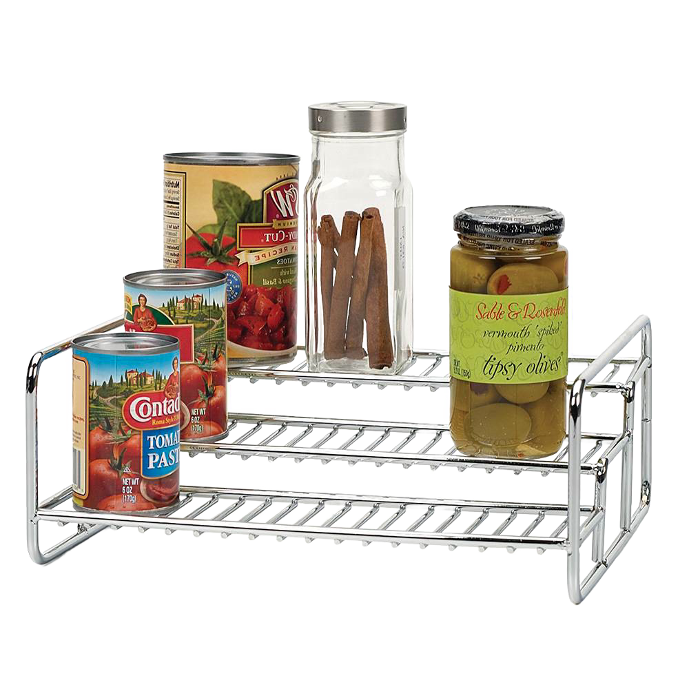 Chrome wire 3-tier rack with cans, a glass spice jar, and a jar of olives, designed for pantry organization and included in Kitchen & Food, Kitchen Gadgets, Kitchen Accessories, Storage and Serving collections.