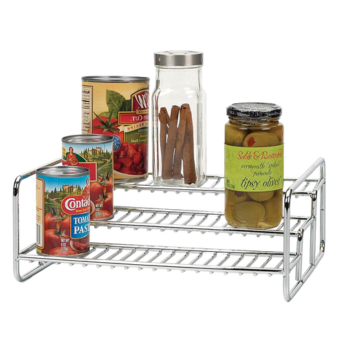 Chrome wire 3-tier rack with cans, a glass spice jar, and a jar of olives, designed for pantry organization and included in Kitchen & Food, Kitchen Gadgets, Kitchen Accessories, Storage and Serving collections.