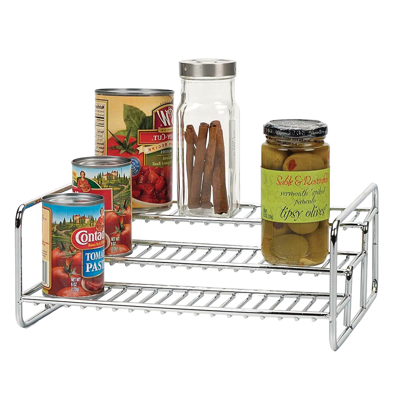Chrome wire 3-tier rack with cans, a glass spice jar, and a jar of olives, designed for pantry organization and included in Kitchen & Food, Kitchen Gadgets, Kitchen Accessories, Storage and Serving collections.