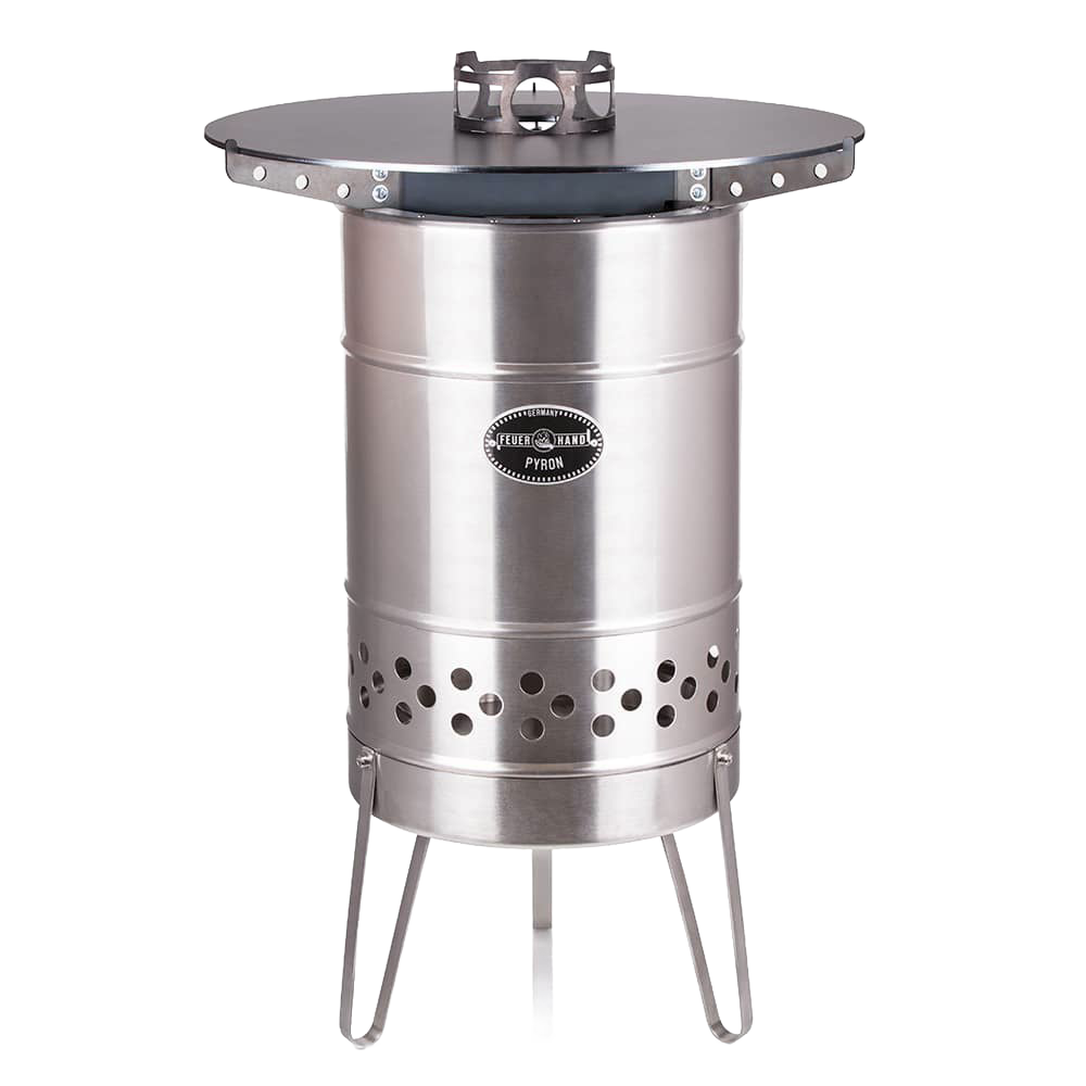 Compact stainless steel firepot with a removable solid steel cooking plate, designed for outdoor use in Farm, Garden & Tool, Camping, Best Sellers, and Promo Eligible collections.