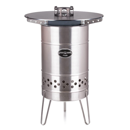 Compact stainless steel firepot with a removable solid steel cooking plate, designed for outdoor use in Farm, Garden & Tool, Camping, Best Sellers, and Promo Eligible collections.