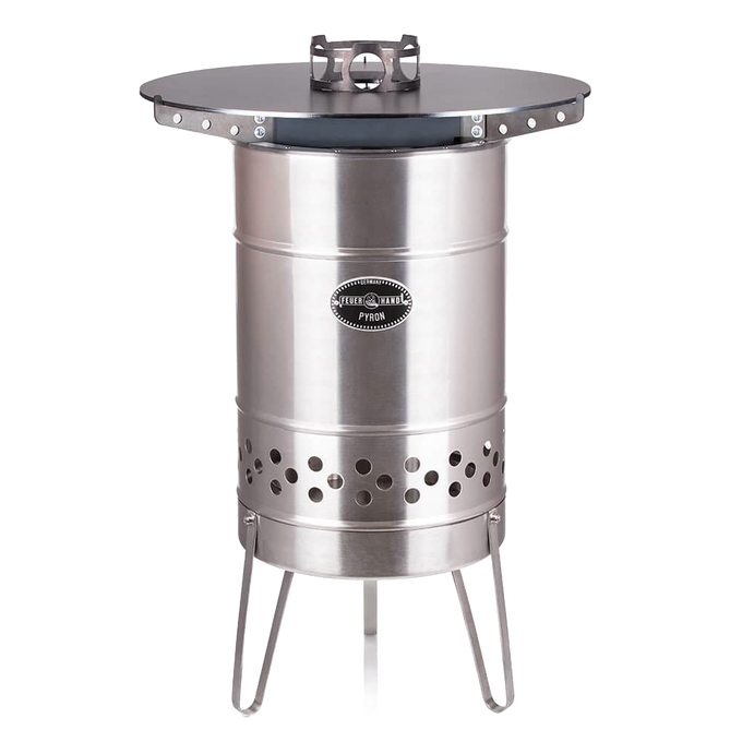 Compact stainless steel firepot with a removable solid steel cooking plate, designed for outdoor use in Farm, Garden & Tool, Camping, Best Sellers, and Promo Eligible collections.