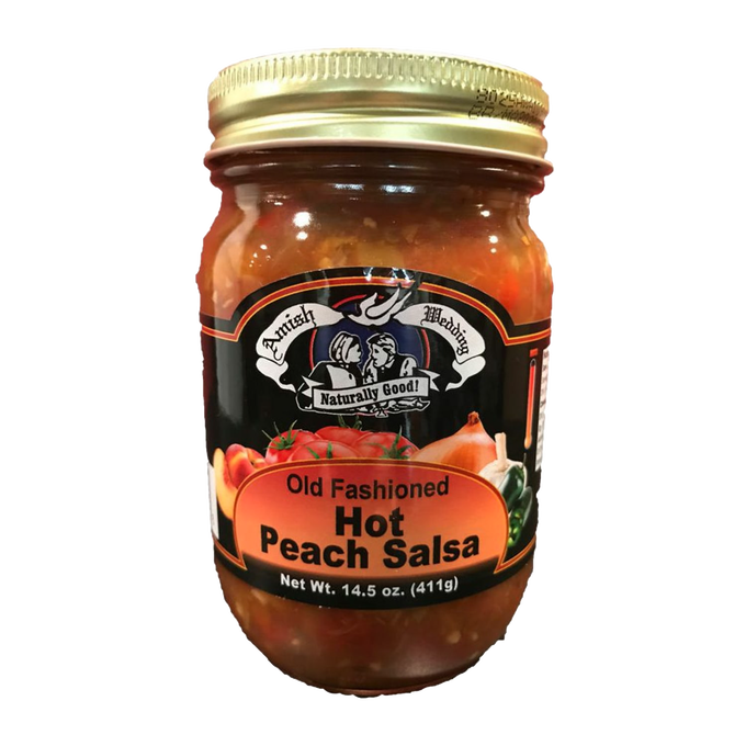 Handcrafted jar of Amish-style hot peach salsa with naturally thick, chunky texture, made in USA, perfect for Kitchen & Food, Snacks and Sweets, Pantry, USA Made, and Best Sellers collections.