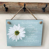 Rustic blue wooden plaque with rope hanger featuring a white daisy and an uplifting Bible verse in elegant script, perfect for Home & Decor, USA Made, and Best Sellers collections.