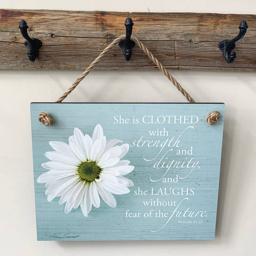 Rustic blue wooden plaque with rope hanger featuring a white daisy and an uplifting Bible verse in elegant script, perfect for Home & Decor, USA Made, and Best Sellers collections.