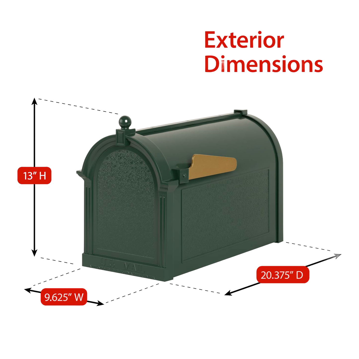 Three-dimensional view of a handcrafted green and gold mailbox with flag, showing exterior dimensions 13 inches high, 9.625 inches wide, and 20.375 inches deep, perfect for Home & Decor and Mailboxes and Address Signs collections.