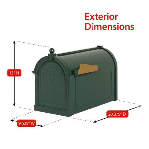 Three-dimensional view of a handcrafted green and gold mailbox with flag, showing exterior dimensions 13 inches high, 9.625 inches wide, and 20.375 inches deep, perfect for Home & Decor and Mailboxes and Address Signs collections.