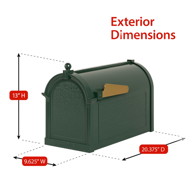Three-dimensional view of a handcrafted green and gold mailbox with flag, showing exterior dimensions 13 inches high, 9.625 inches wide, and 20.375 inches deep, perfect for Home & Decor and Mailboxes and Address Signs collections.